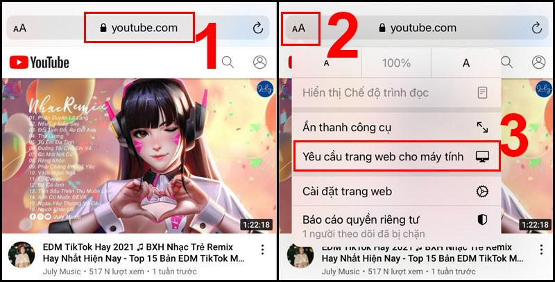 Chọn nhạc và mở trình duyệt Safari ở dạng web máy tính
